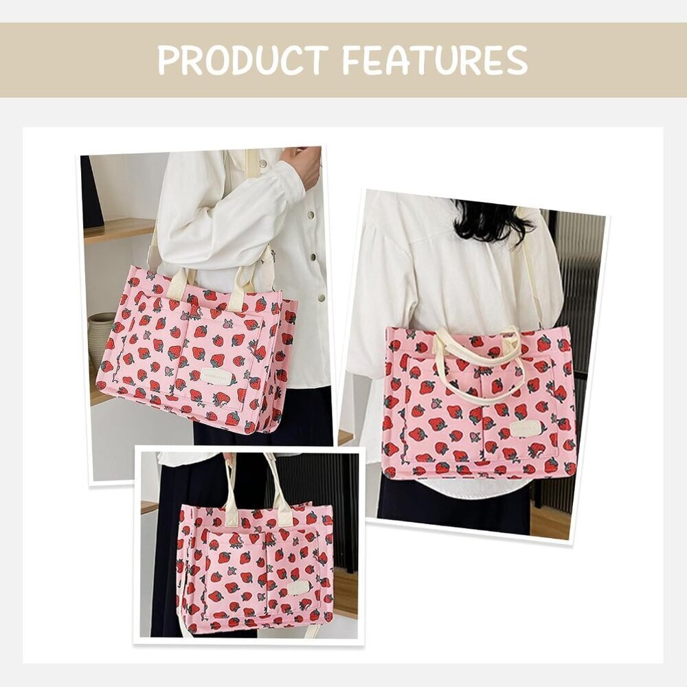 Canvas Crossbody Bag Large Capacity Strawberry Pattern Women's Fashion - Picture 6 of 6